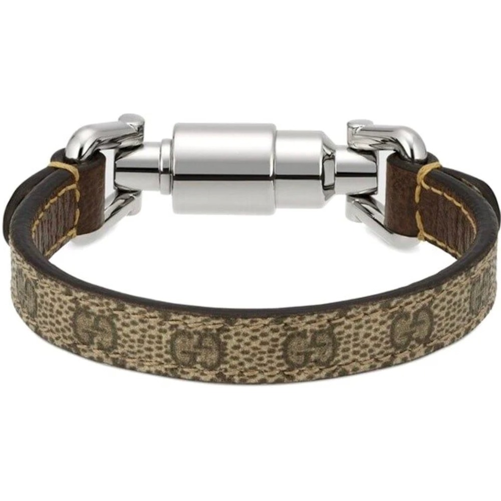 Gucci 759597 GG Supreme Canvas Leather Piston Clasp Bracelet Silvertone hardware
